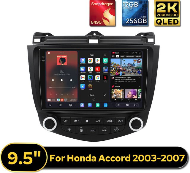 JOYING Android Autoradio für Honda Accord 2003-2007 mit 9,5 Zoll Display, 12GB RAM, 256GB Speicher, HDMI-Eingang, Android Auto und Wireless CarPlay in Schwarz - Bild 1