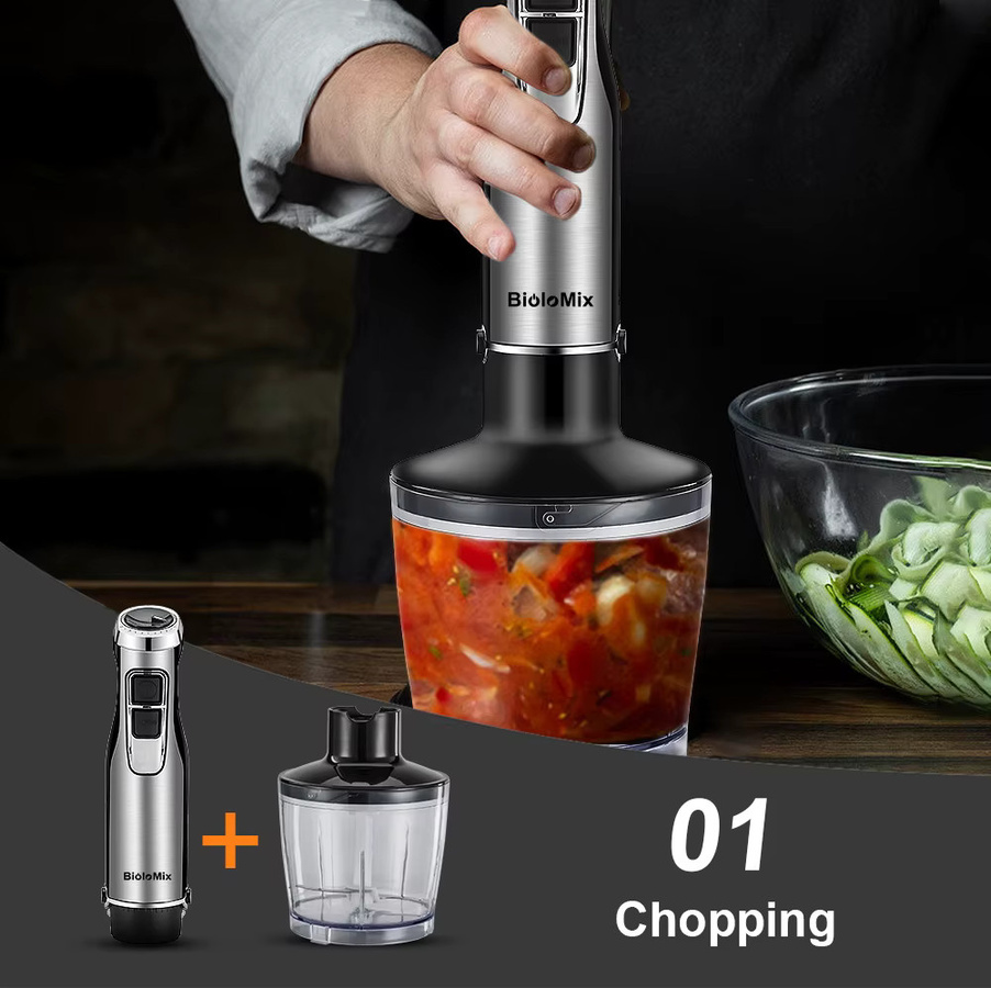BioloMix 4-in-1-Hochleistungsmixer mit 1200 W in Silber mit Edelstahlklingen, Stabmixer und Zerkleinerer inklusive Smoothie-Becher - Bild 3