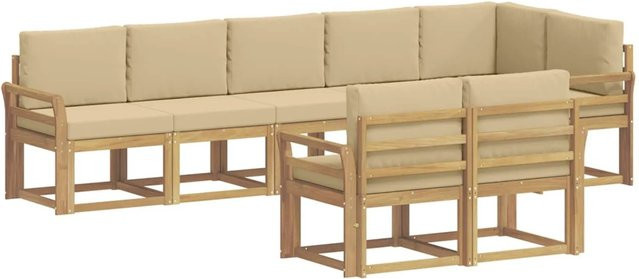 vidaXL Outdoor-Sofagarnitur 8-teilig in L-Form aus Akazienholz mit Kissen in Weiß und Beige - Bild 1