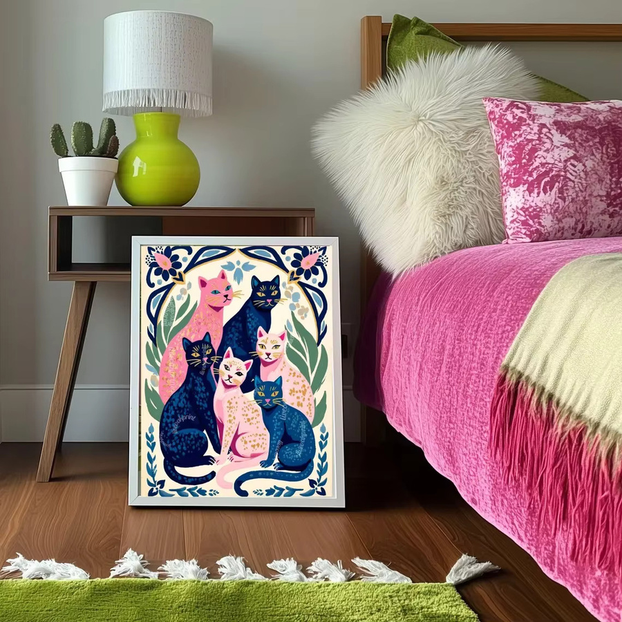 Moderner Katzen-Kunstdruck von SHENCHEN in Pink, Blau und Multicolour als rechteckiges Wandposter aus Papier - Bild 5