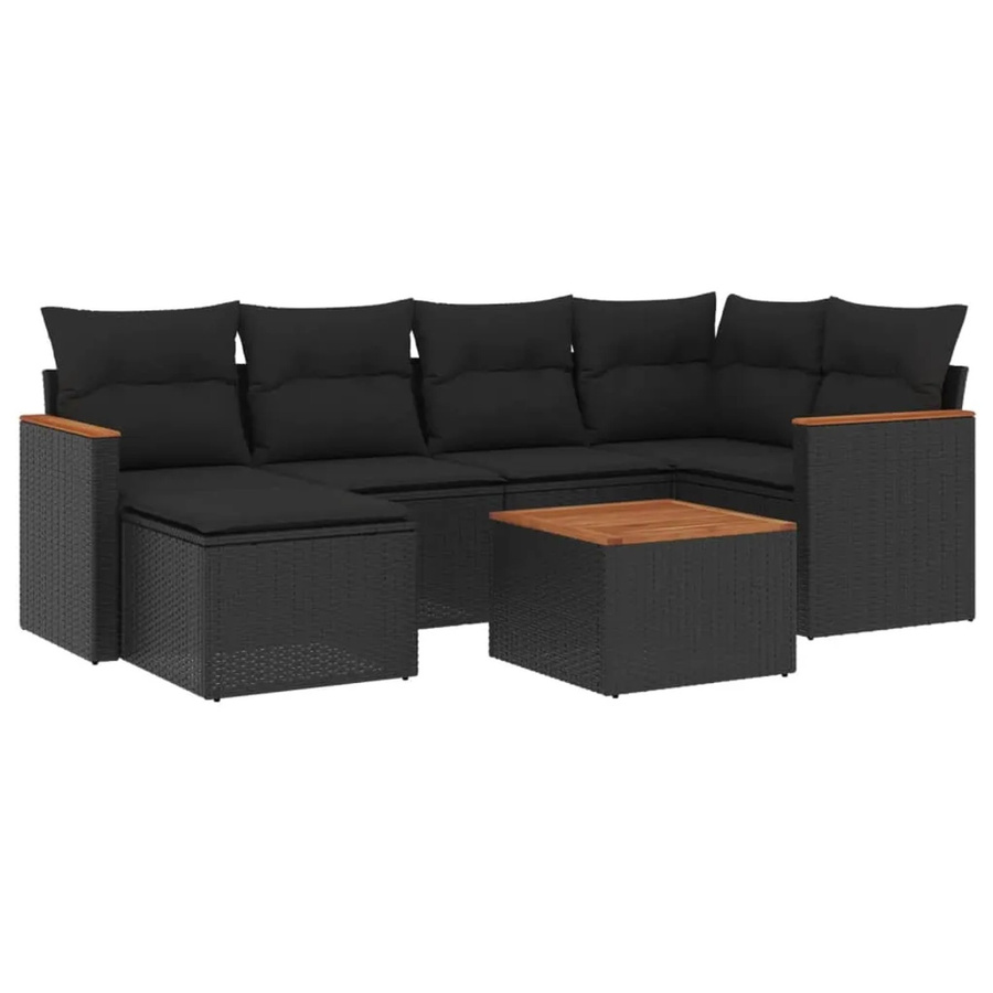 vidaXL 7-tlg. Garten-Sofagarnitur in L-Form aus schwarzem Poly-Rattan mit Kissen und Akazienholz - Bild 2