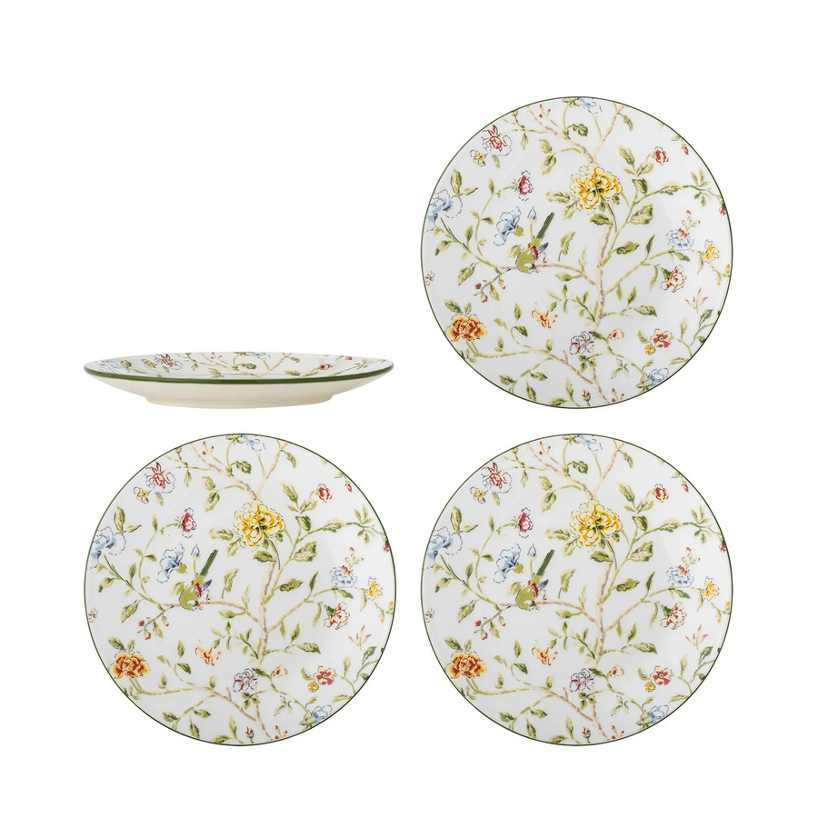 Bloomingville Tellerset Bloomie aus Steingut, 4er Set, Floral, Weiß-Grün-Multicolor, Durchmesser: 20,5 cm - Bild 1