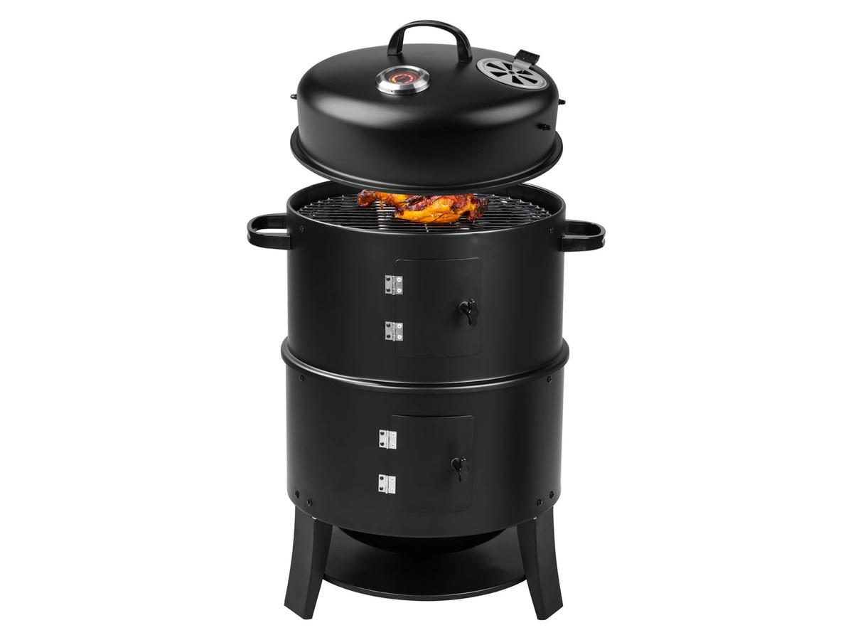 GRILLMEISTER 3in1 Räucherofen aus Stahl mit Thermometer, Wasserschüssel, Kohlenschale und Räucherhaken für Holzkohle - Bild 2