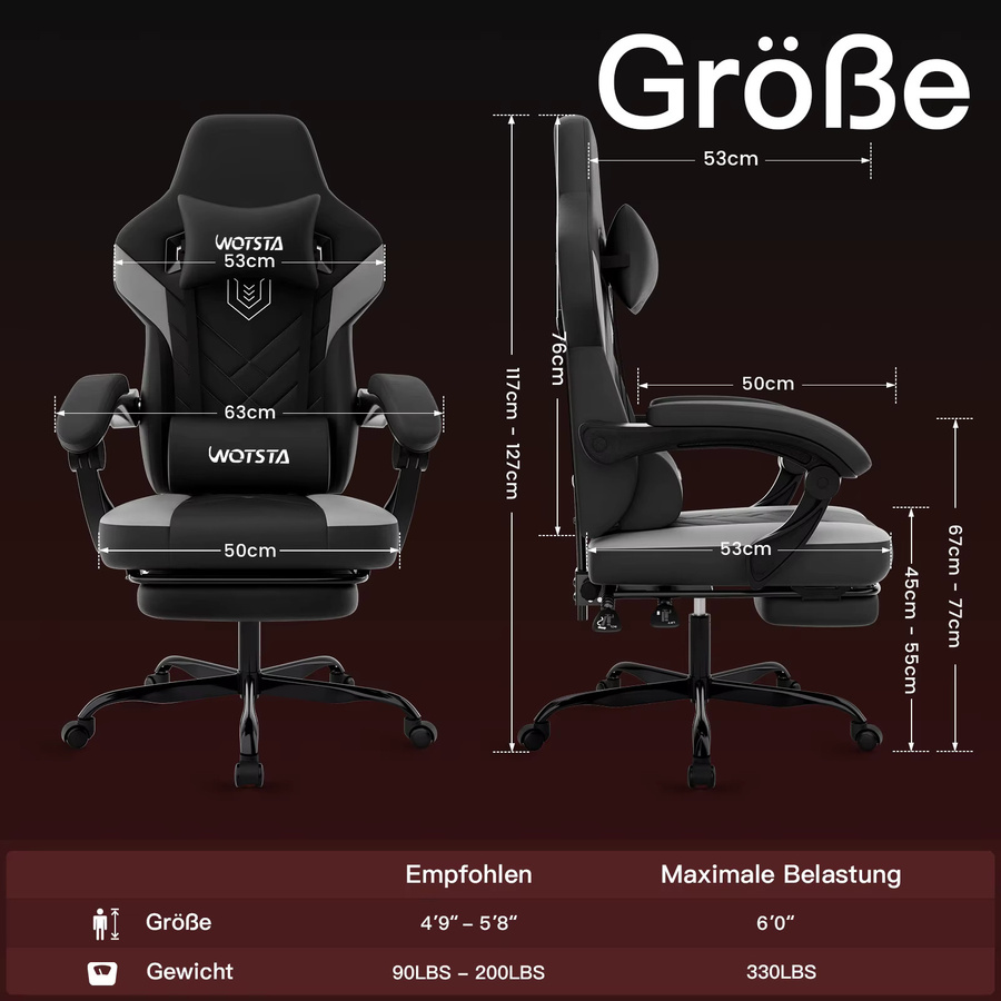 Ergonomischer SUKIDA Gaming-Stuhl in Schwarz-Grau mit Fußstütze, Kopfstütze und Lendenkissen aus Kunstleder - Bild 2