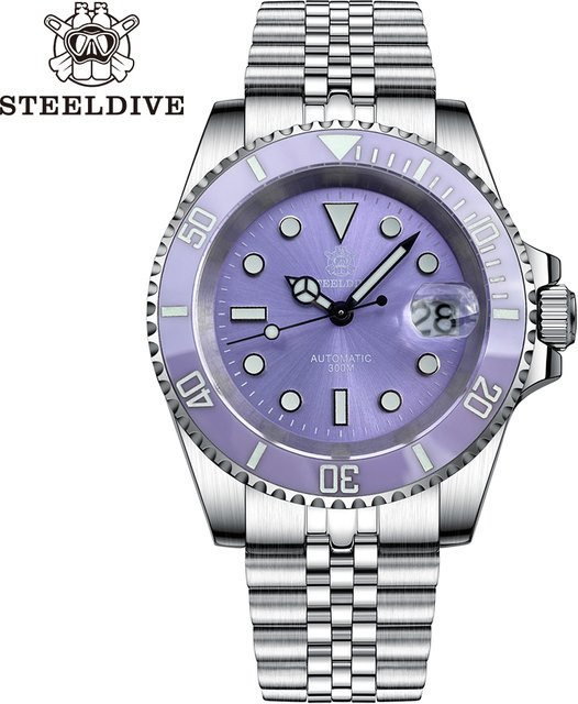 STEELDIVE Taucheruhr, Edelstahl, Automatik, lila Zifferblatt, Herren - Bild 1
