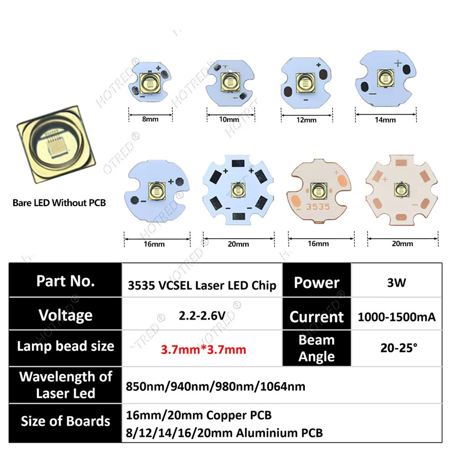 Infrarot LED Diode VCSEL Laserperle für Überwachung und Nachtsicht, 3535 Bauform, Wellenlängen 808nm 850nm 940nm 980nm 1064nm - Bild 2