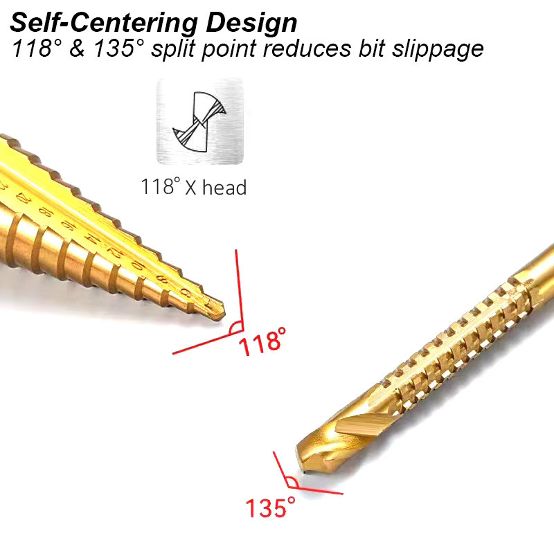 atooltour Stufenbohrer aus HHS mit Titanbeschichtung in Gold, gezahnt und seitlich geschnitten für Metall, Holz, Edelstahl und Aluminium - Bild 2
