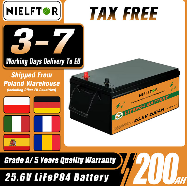 NIELFTOR LiFePO4 Lithiumbatterie 24V 200Ah mit integriertem BMS in Schwarz - Bild 1