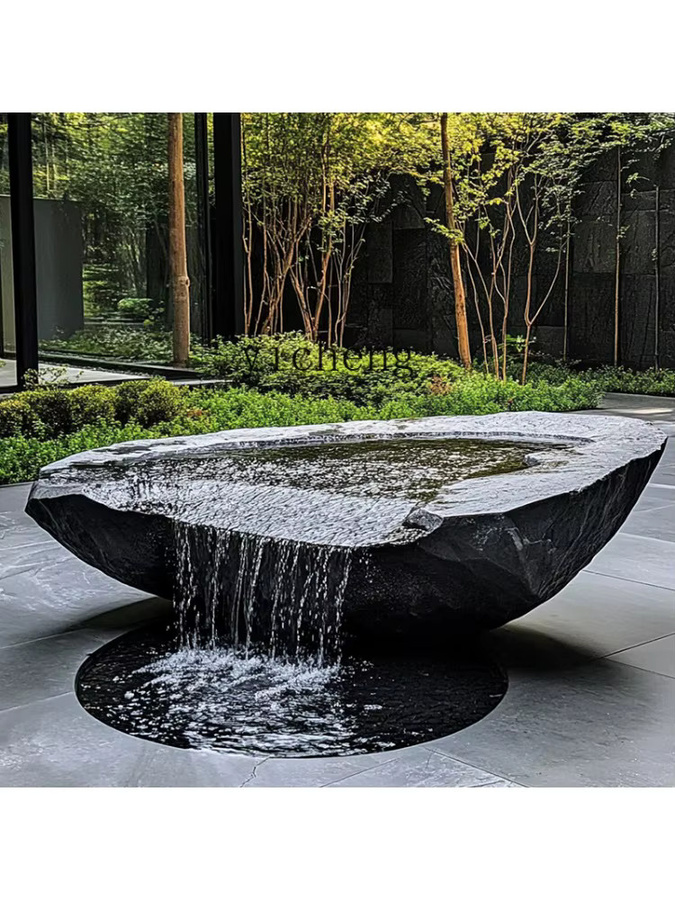 Schwarzer Bergstein-Wasserschalen-Brunnen im orientalischen Design für deinen Garten - Bild 5