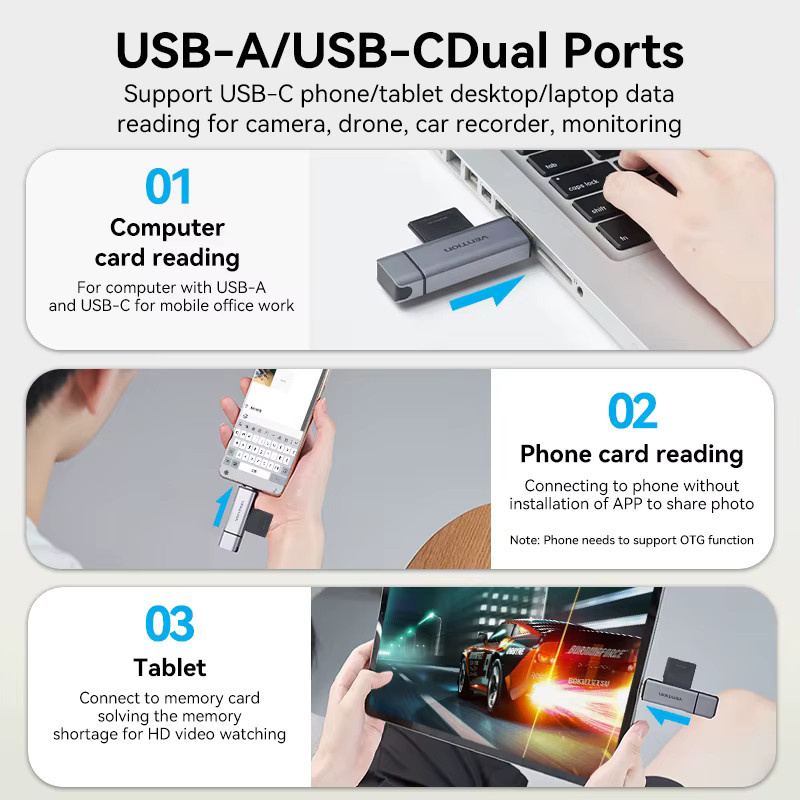 Vention USB Typ C zu Micro SD und TF Kartenleser SD-Karten Adapter mit USB 3.0 für Laptop und Smartphone - Bild 2