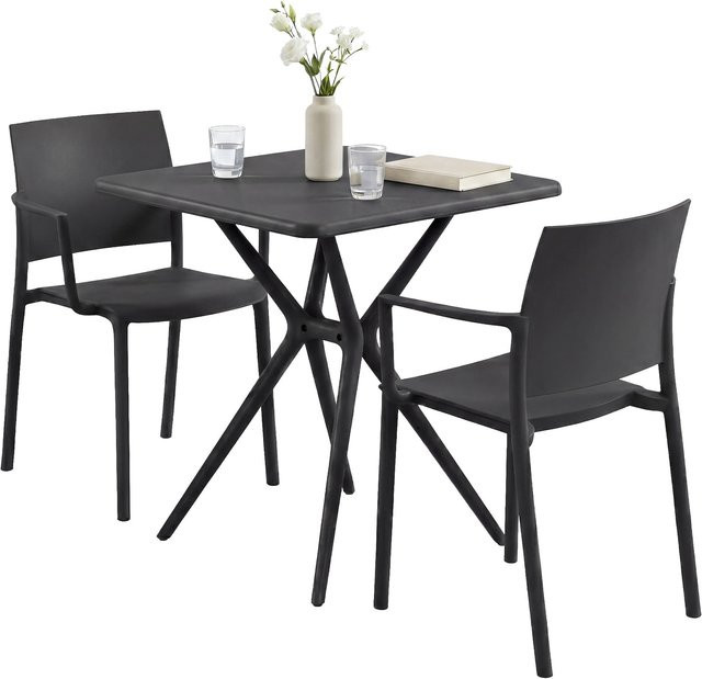 CLP Gartenmöbel-Set Pula in Schwarz, wetterfeste Sitzgruppe aus Kunststoff mit 2 Stapelstühlen und quadratischem Bistrotisch für Balkon, Terrasse und Garten - Bild 1