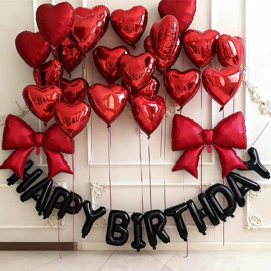 Schwarzes Happy Birthday Ballon-Set mit roten Herzen aus Aluminiumfolie für deine Geburtstagsparty-Dekoration - Bild 3