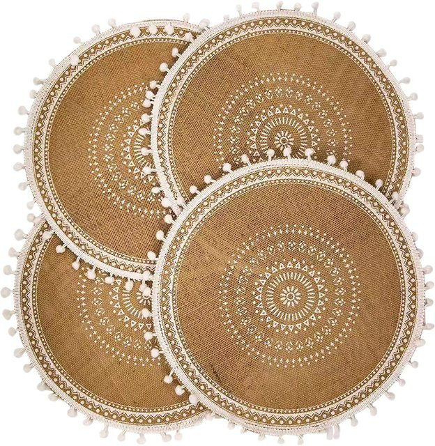 Set aus 4 runden Boho Tischsets aus Baumwolle, geflochten, Beige und Braun, Durchmesser: 38 cm - Bild 1