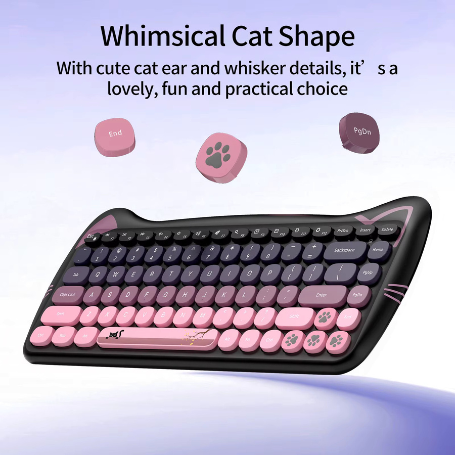 GEEZER Kabellose Tastatur-Maus-Kombination mit Katzenohren im Retro-Design, Rosa-Schwarz, Runde Tastenkappen, US QWERTY-Layout, Bluetooth - Bild 4
