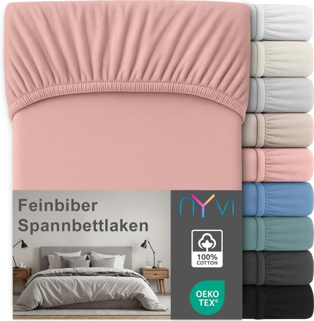 NYVI Feinbiber Spannbettlaken Deluxe aus 100% Baumwolle, Extra Warm und Weich, Bügelfrei, Farbe: Altrosa, B/T: 180 x 200 cm, Steghöhe: 25 cm - Bild 1