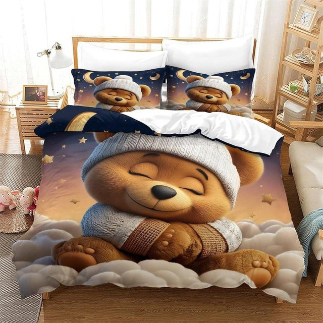 2-teiliges Bettwäsche-Set mit Teddybär-Motiv in Multicolour, 3D-Digitaldruck aus Mikrofaser, B/H: 220 x 240 cm - Bild 1