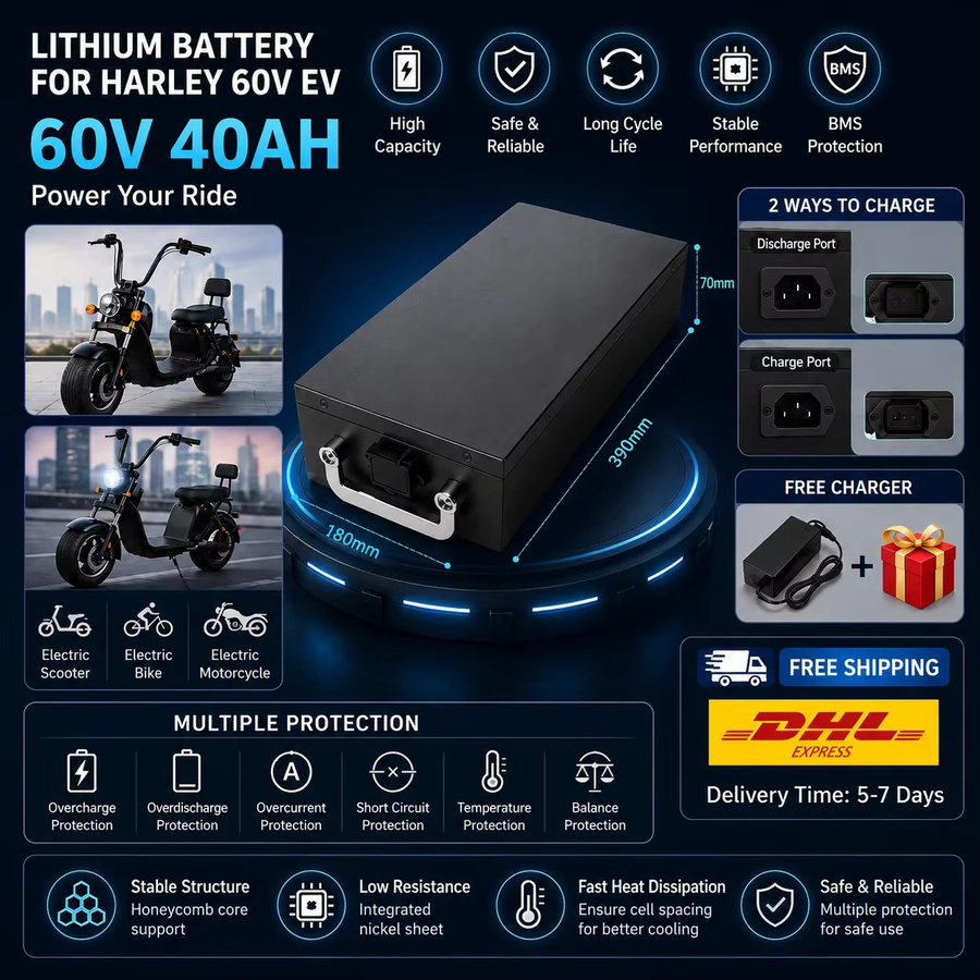 Wiederaufladbarer 60V Lithium-Ionen-Akku mit 20Ah-40Ah Kapazität und BMS für Harley Citycoco Elektrofahrzeuge, 2000W Leistung, Schwarz, inklusive Ladegerät - Bild 2
