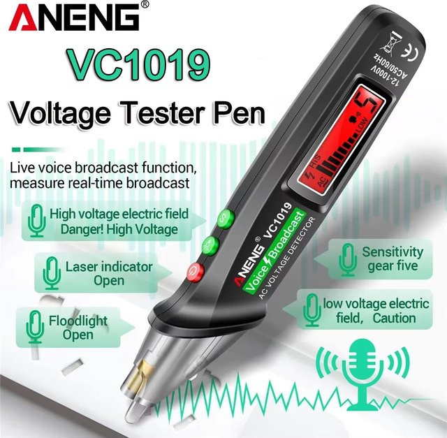 ANENG VC1019 Berührungsloser Spannungsprüferstift mit Sprachübertragung und rotem Laser zur Erkennung von 12–1000 V in Rot und Schwarz - Bild 1