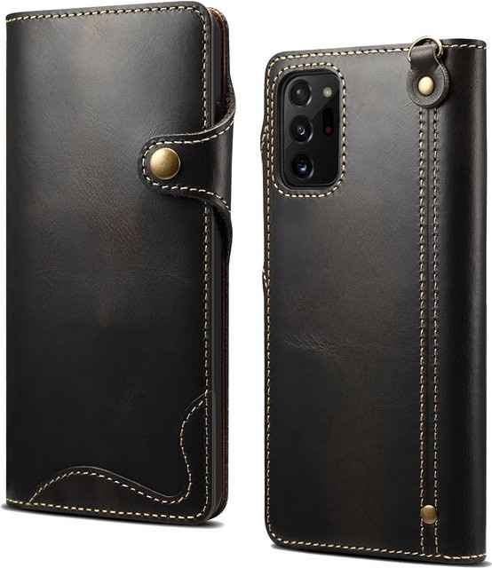Samsung Leder Handyhülle mit Kartenhalter und Handschlaufe für Note20, 10Ultra, S8, S9 und S25edge in Schwarz - Bild 1