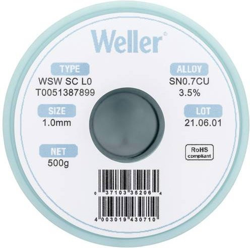 Weller WSW SC L0 Lötzinn bleifrei Sn0,7Cu 500g 1mm weiß - Bild 1