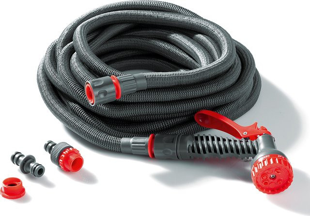 Powertec Garden Flexibler Gartenschlauch mit Armaturenset und Multifunktionsbrause, Grau-Rot, 30 m - Bild 1