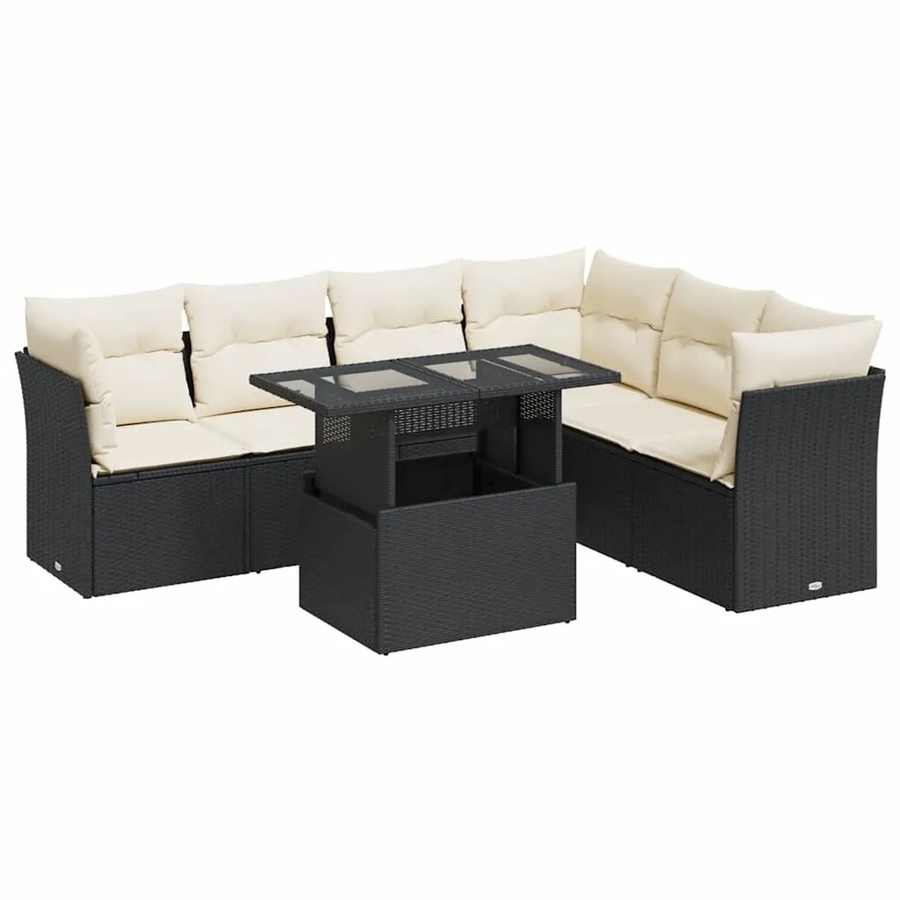 vidaXL 7-teilige Garten-Sofagarnitur in L-Form aus Poly-Rattan in Schwarz mit Kissen und Stauraum - Bild 2