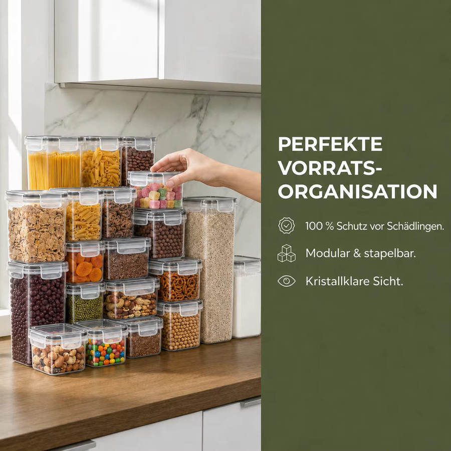PNNP 27er Vorratsdosen Set aus Kunststoff mit Deckel, luftdichte und auslaufsichere Frischhaltedosen in Transparent, inklusive 30 Etiketten und Kreidestift, Set-Inhalt: 9x 0,8 l, 9x 320 ml, 9x 240 ml - Bild 6