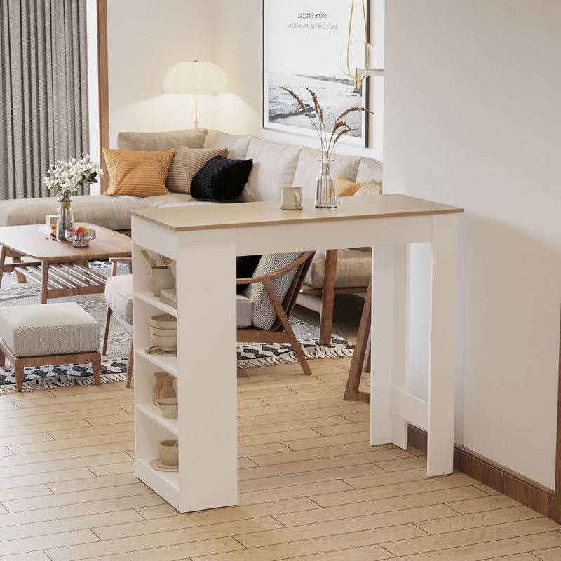 HOMCOM Bartisch für 2 Personen mit 4 offenen Regalen, moderner Hochtisch für Küche und Wohnzimmer, Weiß und Naturholz, B/T/H: 115 x 50 x 102,7 cm - Bild 2