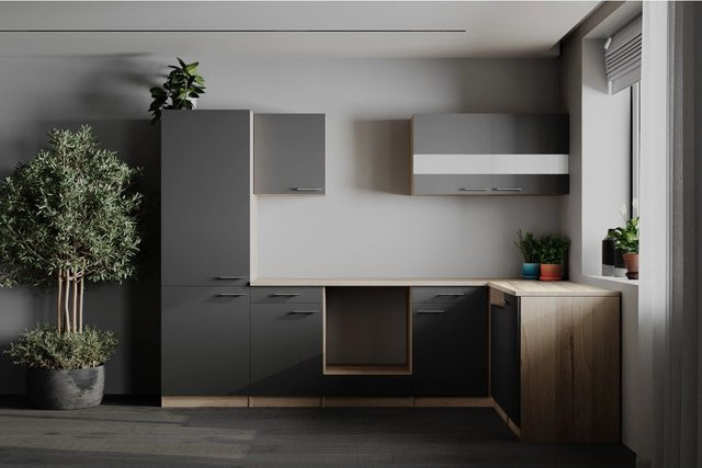 Respekta Winkelküche Merle in Grau mit Eiche Sägerau Nachbildung und Soft-Close-Glasfronten, Breite: 280 cm, Höhe: 200 cm - Bild 1