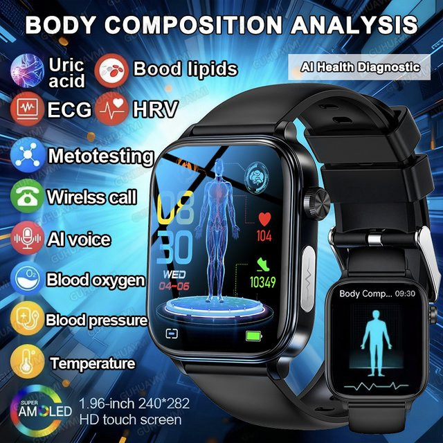 GUHUAVMI Smartwatch mit EKG, PPG und Bluetooth-Anruf zur Gesundheitsdiagnose von Blutfetten und Harnsäure in Schwarz - Bild 1