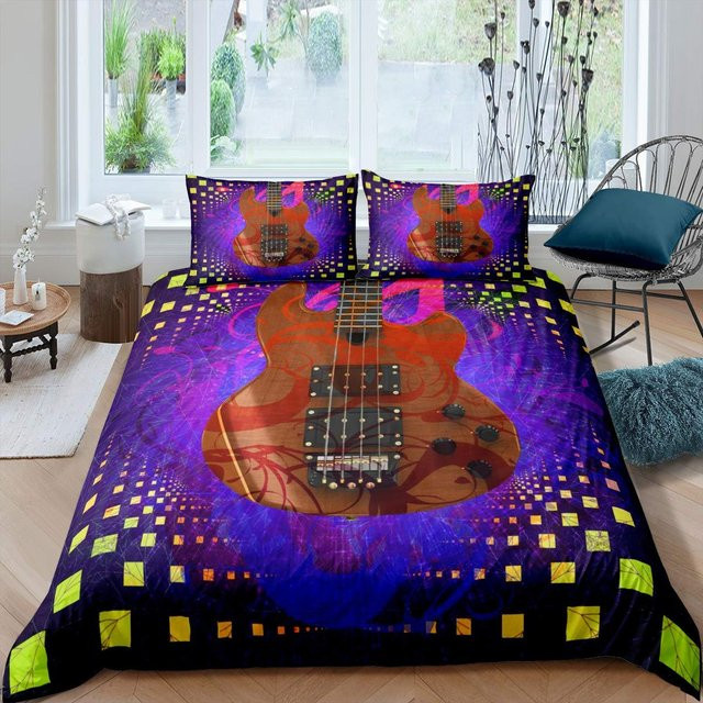 Gitarren Bettwäsche-Set mit Musik-Motiv in Grau und Violett aus Mikrofaser, B/H: 140 x 200 cm - Bild 1