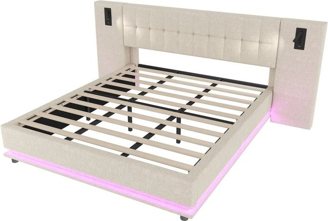 okwish Polsterbett Beige mit LED-Beleuchtung, USB-Anschluss und integriertem Nachttisch für dein Schlafzimmer B/T/H: 180 x 200 x 103 cm - Bild 1