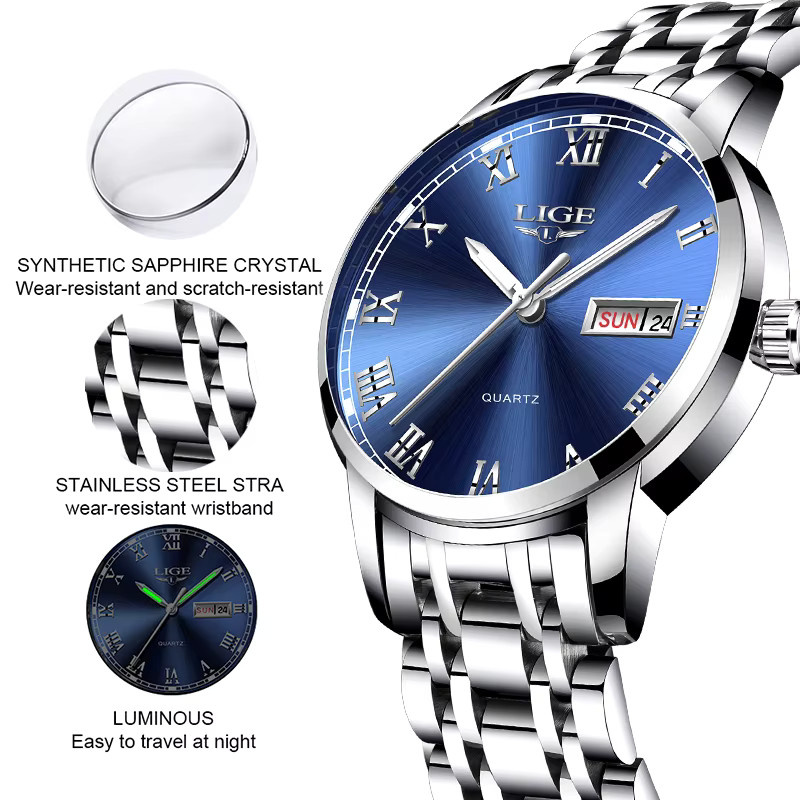LIGE Armbanduhr Quarz, Edelstahl, Blau, Herren - Bild 2