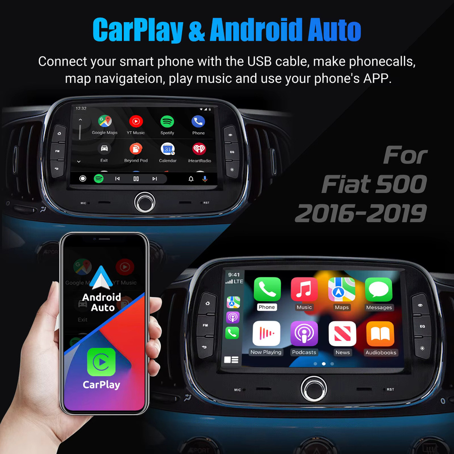 ESSGOO Android 14 Auto Stereo für FIAT 500 (2016-2019) mit 7 Zoll Display, 64GB, Wireless CarPlay, Android Auto, GPS, Bluetooth, WiFi und Rückfahrkamera-Unterstützung, Schwarz - Bild 4
