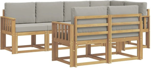 vidaXL Outdoor-Sofagarnitur in L-Form aus massivem Akazienholz mit Kissen, 7-teilig, Weiß-hellgrau - Bild 1