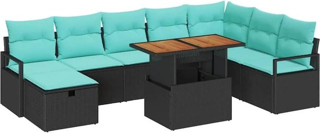 vidaXL Gartensofa-Set 9-tlg. aus Poly-Rattan in Schwarz mit Kissen und L-Form für Garten und Terrasse - Bild 1
