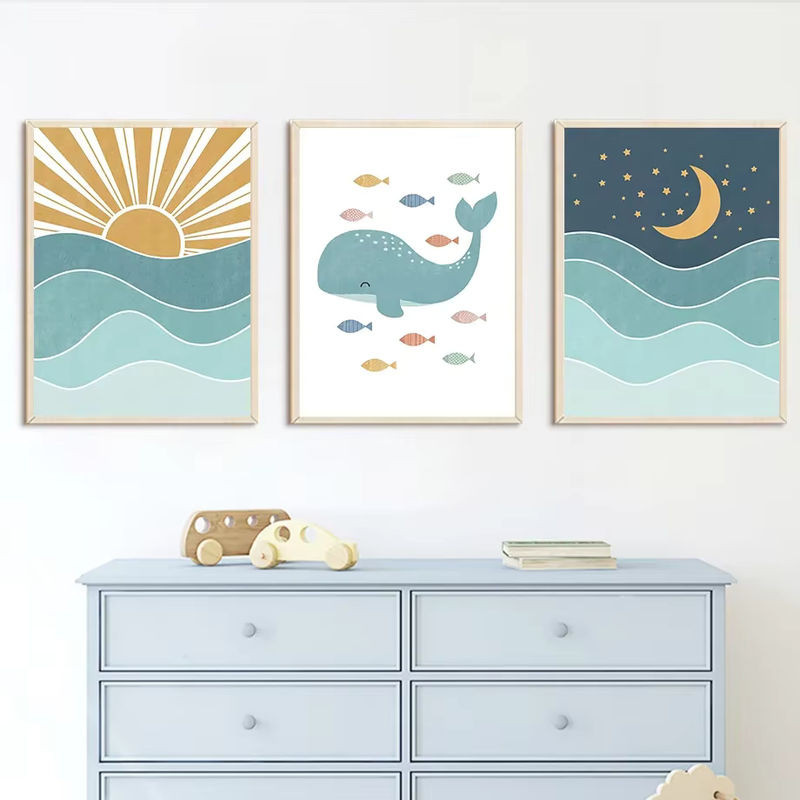 Potdemiel Leinwand Wandbild Maritimes Motiv mit Fisch Wal Möwe und Sonnenuntergang in Mehrfarbig - Bild 1