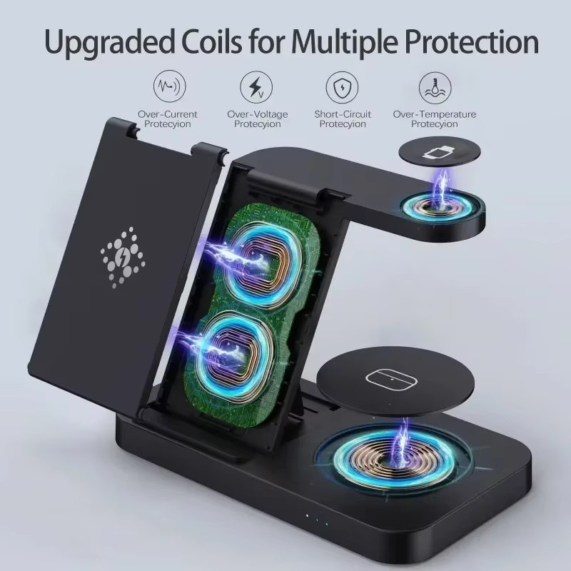 VIKEFON 4 in 1 Wireless Charger Dock faltbar, kabellose Ladestation für iPhone 16 bis 12 Pro Max, iWatch 10 bis SE 2, AirPods Pro und Samsung S25 S24, Farbe: Schwarz - Bild 1