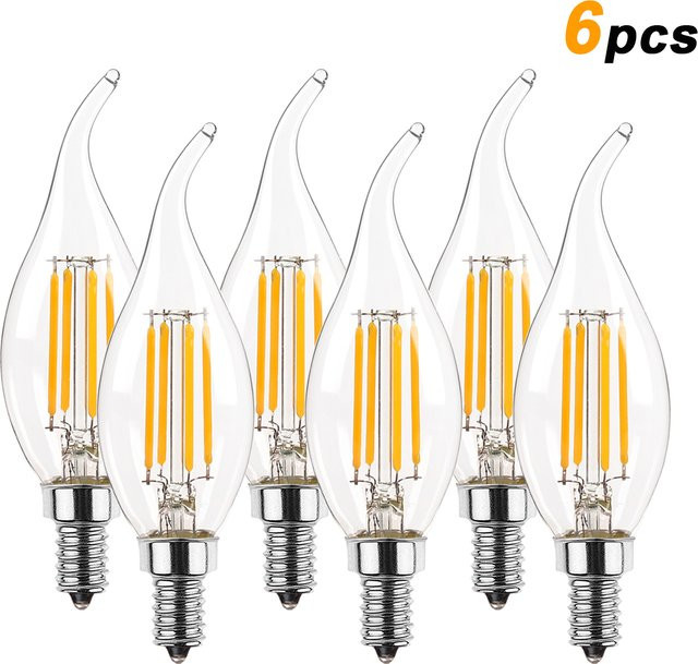 Genixgreen 6er Set LED Vintage Kerzen Glühbirnen mit Flammenform, E14 Fassung, 4W (40W Äquivalent), dimmbar, transparentes Glas - Bild 1