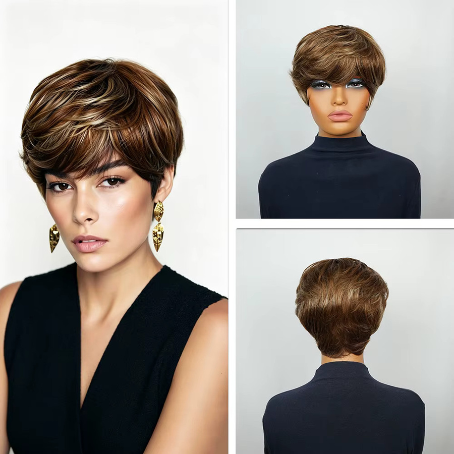 OYM HAIR Braune Highlight-Perücke, Pixie-Schnitt, Echthaar, Damen - Bild 4