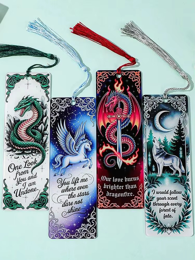 Acryl-Lesezeichen-Set mit Quasten und Fantasy-Motiven Wolf, Drache und Pegasus in Multicolour - Bild 5