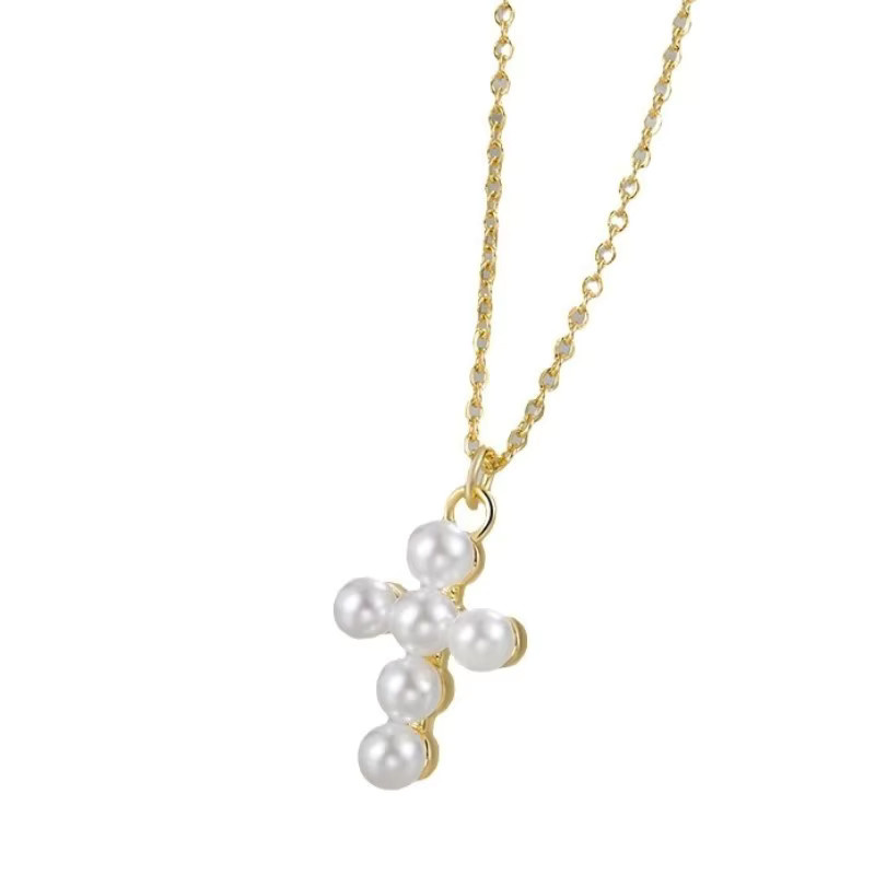 ANENJERY Halskette mit Kreuz Anhänger, Perle, Gold, Damen - Bild 2