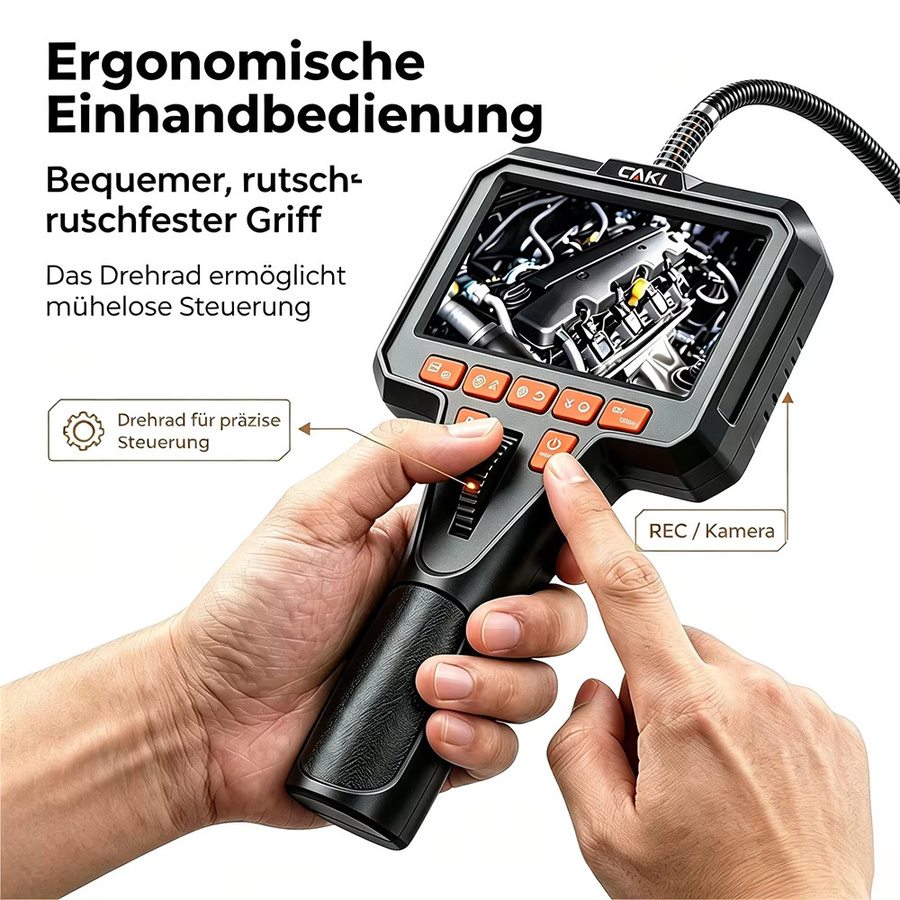 CAKI Industrieendoskop Inspektionskamera mit 4,5 Zoll IPS-Bildschirm, HD 1080P, 360 Grad Zwei-Wege-Gelenk und IP67 wasserdichtem halbstarrem Kabel mit LED-Licht in Schwarz - Bild 3