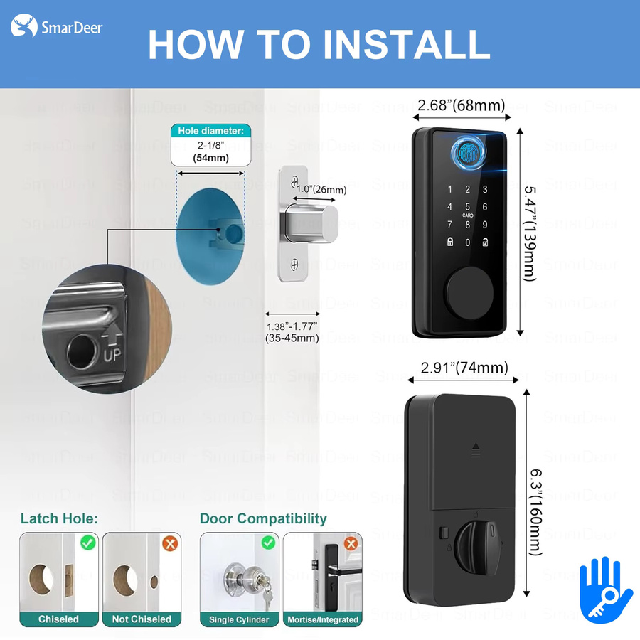 SmarDeer Elektronisches Smart Lock mit TTLock App-Steuerung, Fingerabdruck und Fernbedienung, Digitaler Riegel in Schwarz - Bild 3