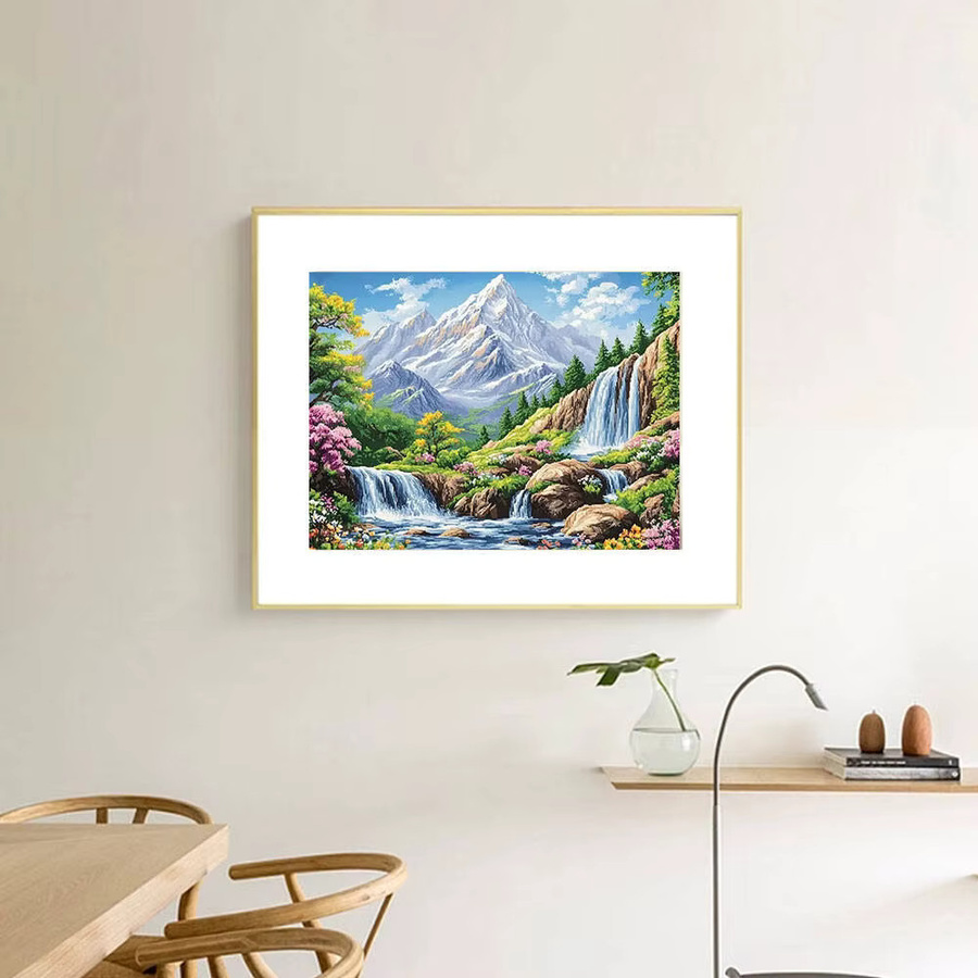 Huacan DIY Diamond Painting Set High Mountain Wasserfall mit Blumen und Bäumen, Rund, Mehrfarbig, Durchmesser: 50 cm - Bild 3