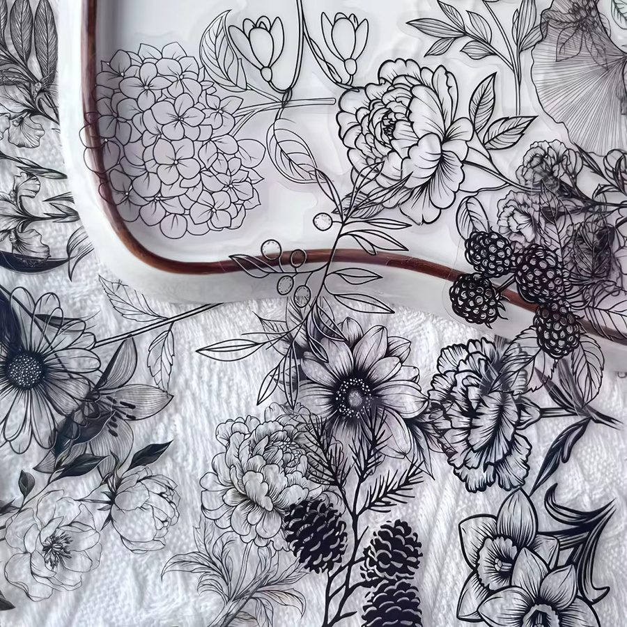50 Stück Pflanzenaufkleber in Schwarz-Weiß mit Blumen-Motiven, wasserfeste DIY-Aufkleber für Laptop, Scrapbook und Tagebuch - Bild 3