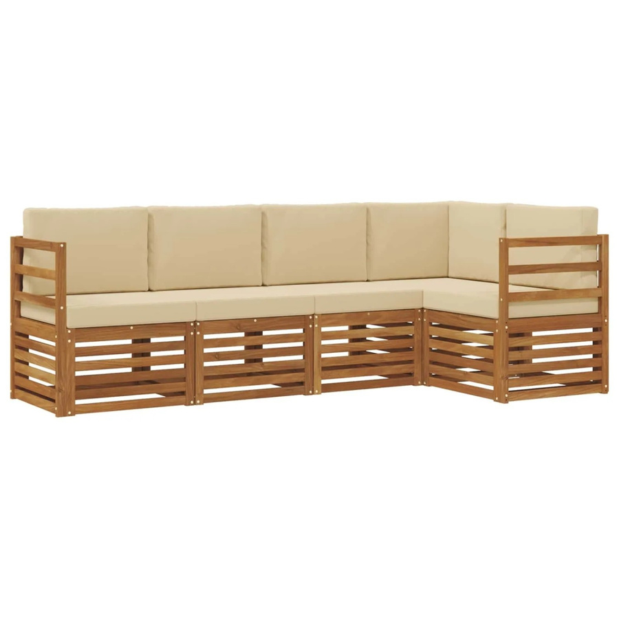 vidaXL Sofagarnitur aus Massivholz Akazie in Natur und Beige, 5-teiliges L-Shape Set mit Ecksofa und Sesseln - Bild 2