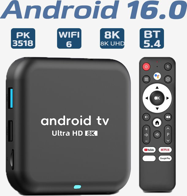 Q18 Smart TV-Box mit Android 16.0, Rockchip RK3518, 256G Speicher, 8K Unterstützung, Google Assistant, Netflix, 2,4G/5G WLAN und Bluetooth 5.4, Schwarz - Bild 1