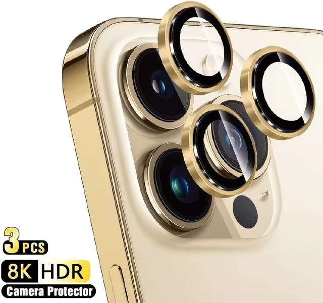 VORTNGLE 3-teiliger Metall-Kameraobjektivschutz in Gold für iPhone 16 15 14 13 Pro Max und Plus Modelle mit Panzerglasfolie - Bild 1