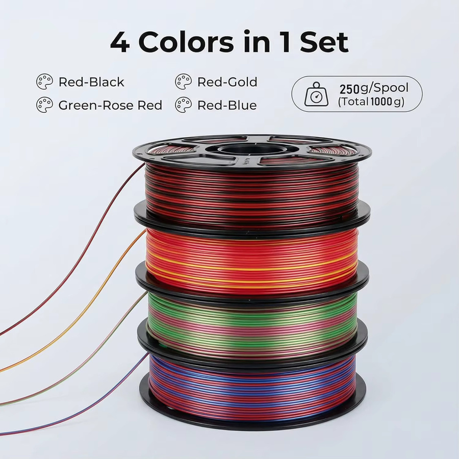 DINGSUN 3D Seiden-PLA-Filament-Bundle Mehrfarbig Gold und Rot, Glänzendes Zweifarbiges FDM 3D-Drucker-Filament 1,75mm, 4 x 250g - Bild 2